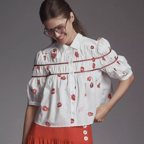 Anthropologie Maeve The Leandra Shirred Yoke Blouse Striped Hearts Edition Sz S - Picture 1 of 8